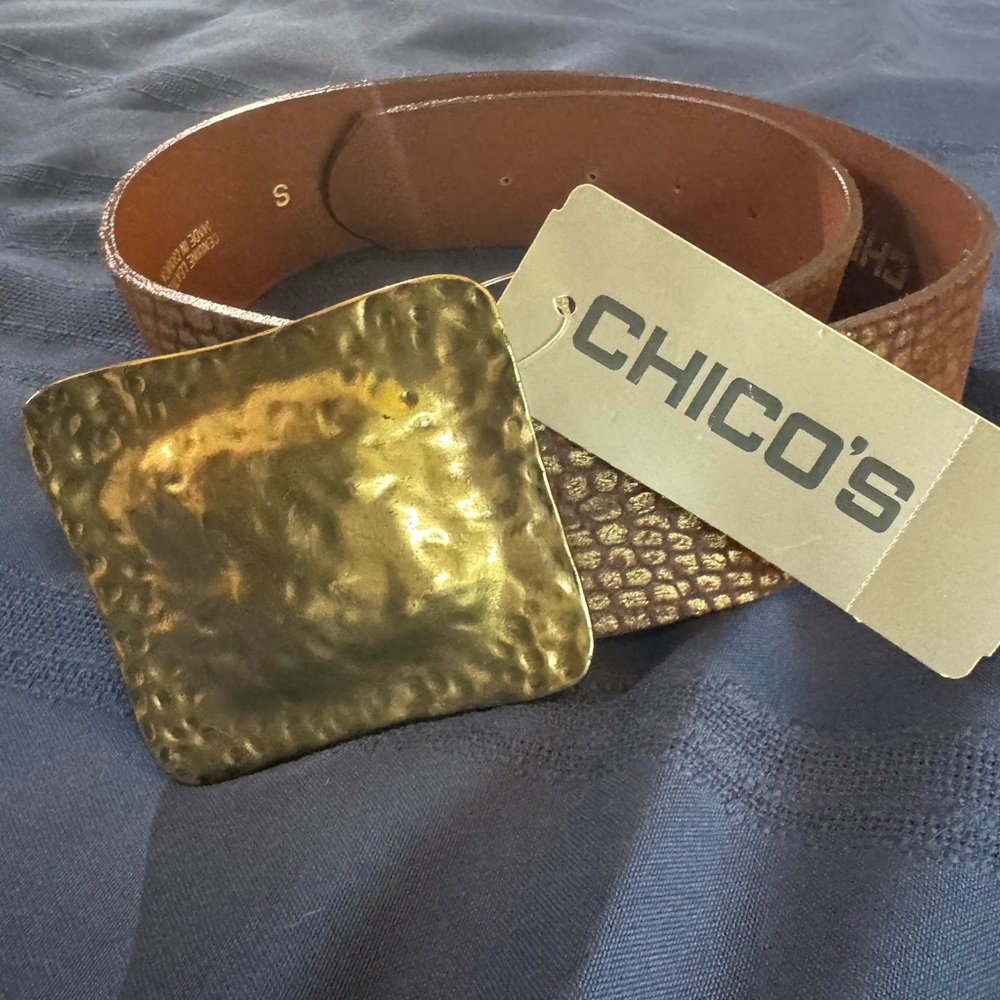 CHICO’s TAHOMA SLOUCH BELT - Brown Leather & Gold Texture Embellishments - NEW